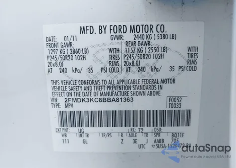 2011 Ford Edge Limited из США, поврежденный, VIN 2FMDK3KC8BBA81363